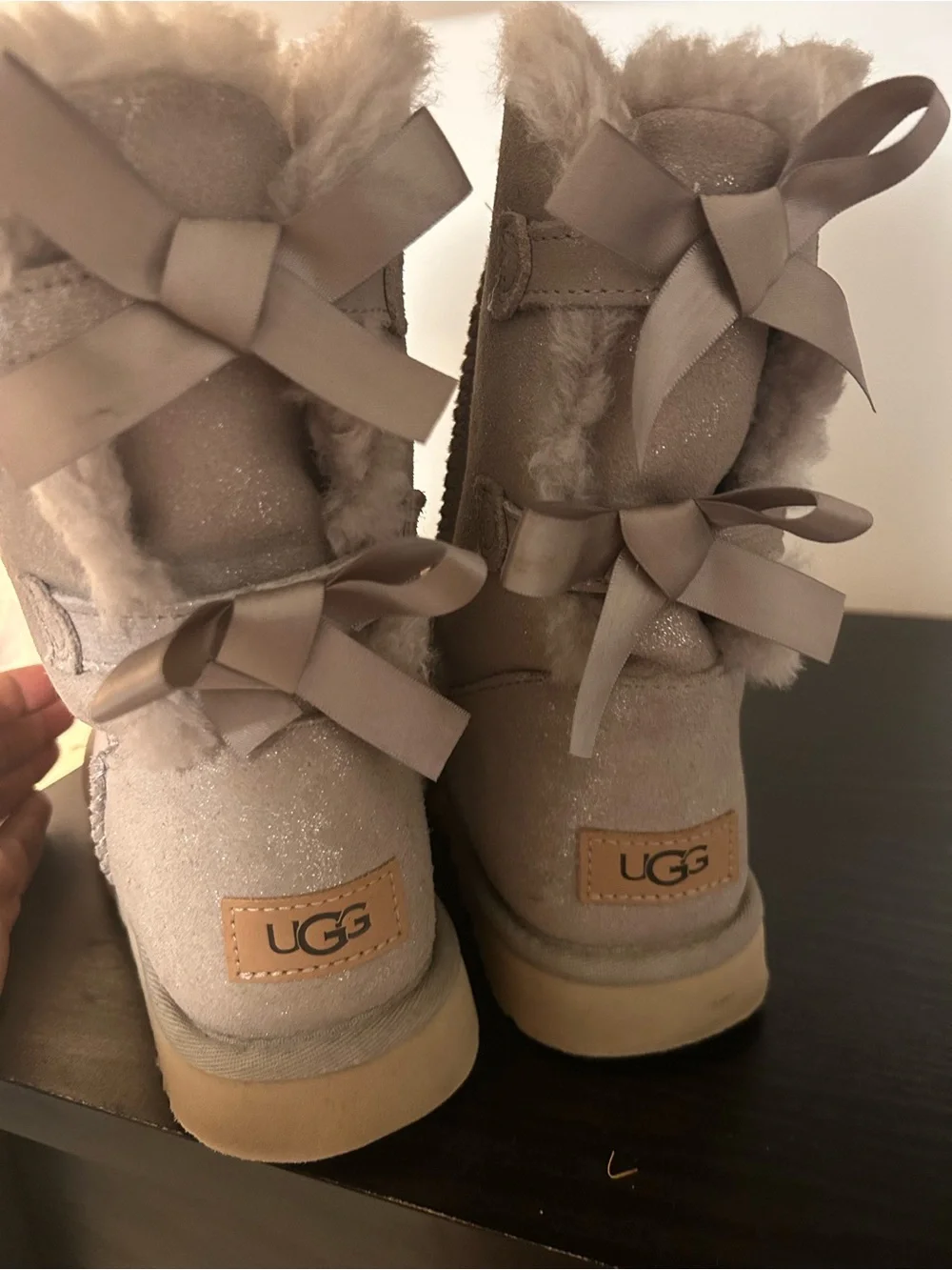 UGG Light Taupe Short Shearling Boots with Satin Bows